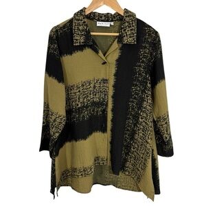 Habitat Button Front Tunic Top Sz S Green Black Faux Linen Long Sleeve Shirt EUC